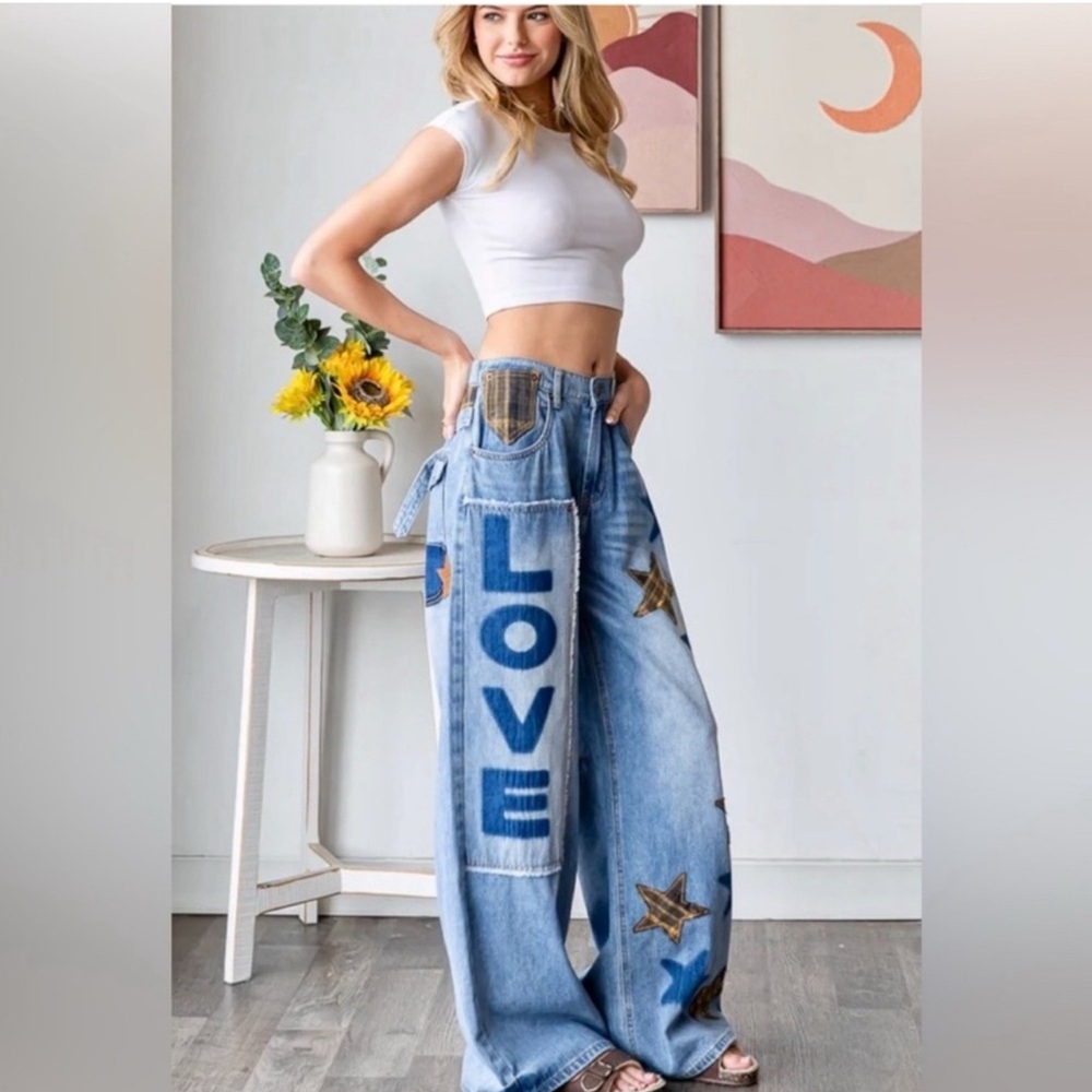 Oli & Hali Love + Stars Patchwork Baggy Jeans | Distressed Denim Pants - Picture 3 of 10